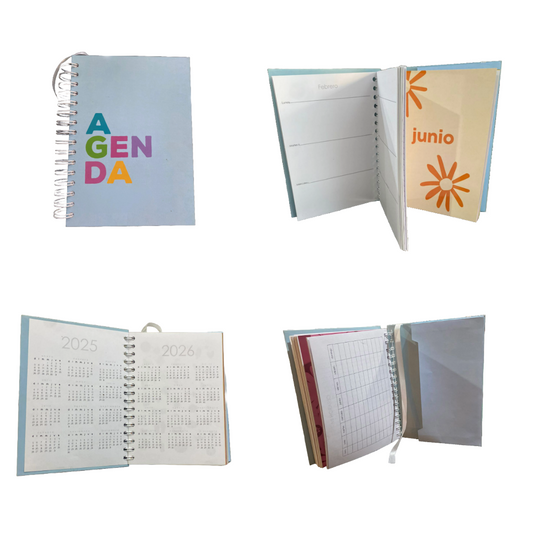 Agenda abierta Personalizada Corporativa Pasta Dura con Wyro 12 Encartes uno por mes full color impresión ambos lados interiores papel bond con impresión a 1 tinta incluye planeador y sobre interior.