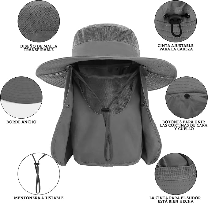 Sombrero de ala ancha con proteccion solar de cuello y cara, una impresion al frente